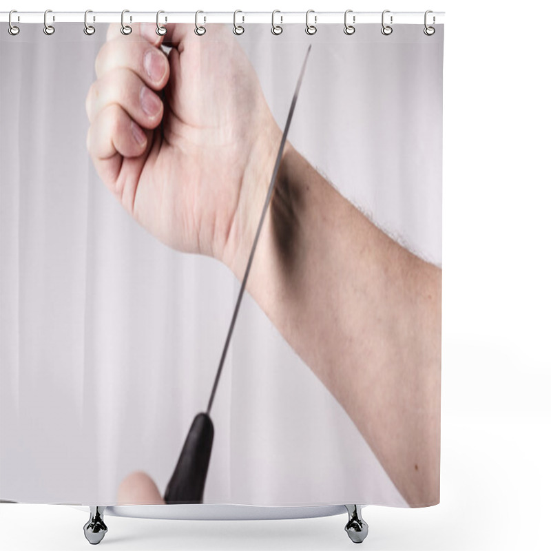 Personality  Close Up Of A Suicidal Man Hand On Isolated White Background Shower Curtains