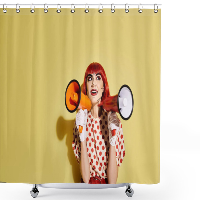 Personality  A Striking Redhead Woman With Pop Art Makeup Holds A Megaphone Against A Vibrant Yellow Background. Shower Curtains