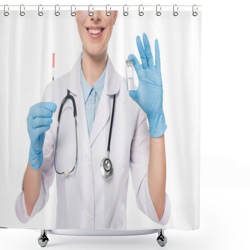 Personality  Cropped View Of Smiling Doctor Holding Syringe And Jar With Vaccine Isolated On White Shower Curtains