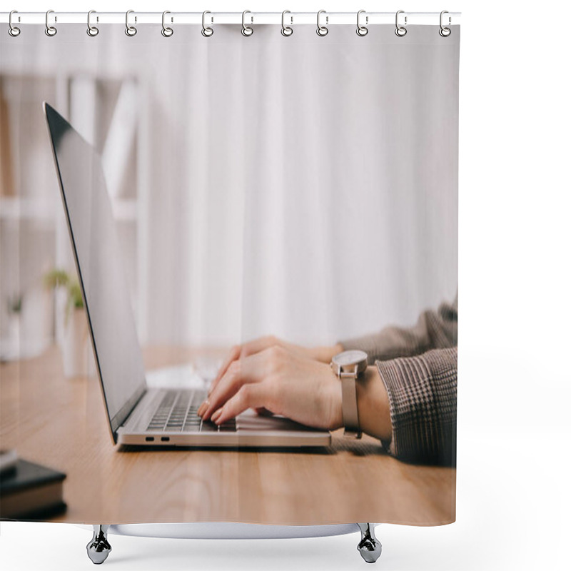 Personality  Cropped View Of Businesswoman Working And Typing On Laptop At Workplace Shower Curtains