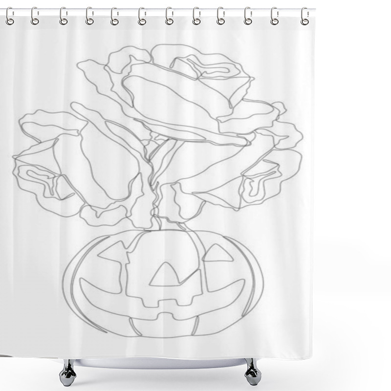 Personality  One Continuous Line Of Jack O' Lantern With Rose Flowers. Thin Line Illustration Vector Concept. Contour Drawing Creative Ideas. Shower Curtains