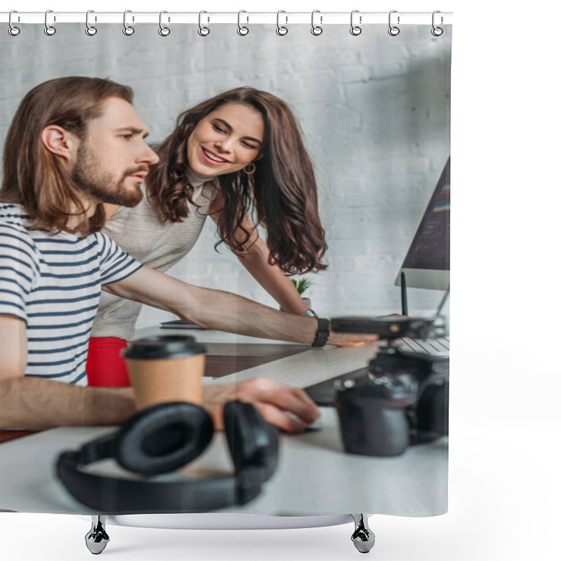 Personality  Selective Focus Of Happy Art Editor Looking At Coworker  Shower Curtains