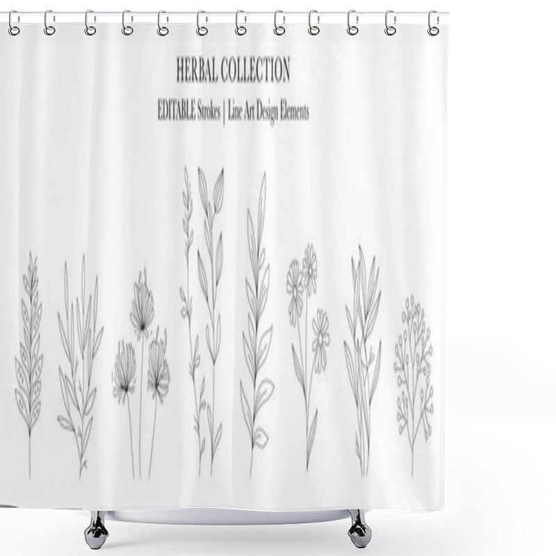 Personality  Herbal Collection. Editable Line Art Monochrome Design. Set Of Linear Floral Designs, Medicine Flowers And Plants. Vector Illustration Shower Curtains