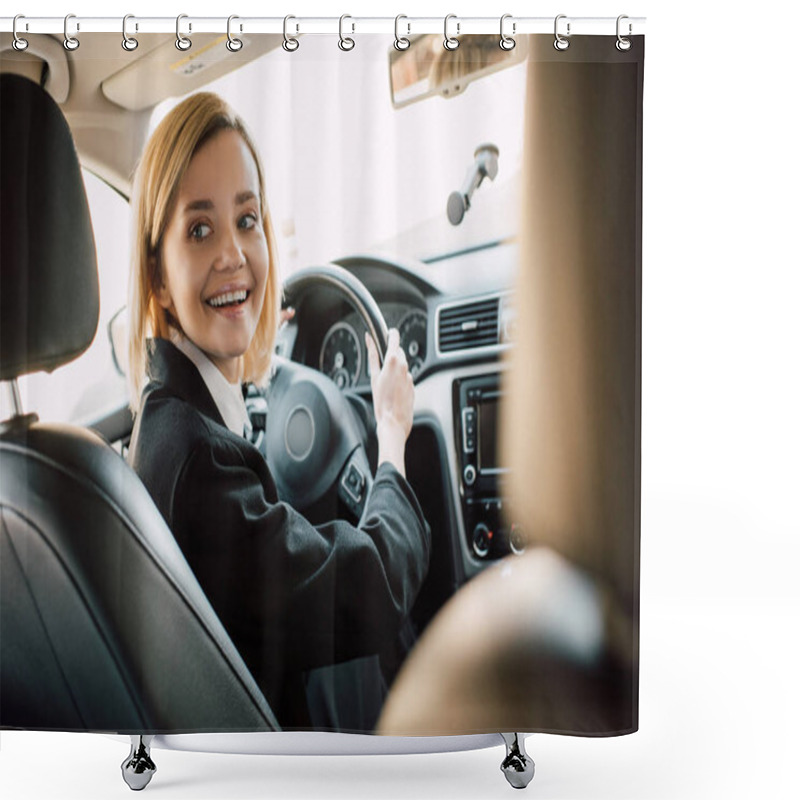 Personality  Happy Blonde Woman Holding Steering Wheel While Sitting In Car  Shower Curtains