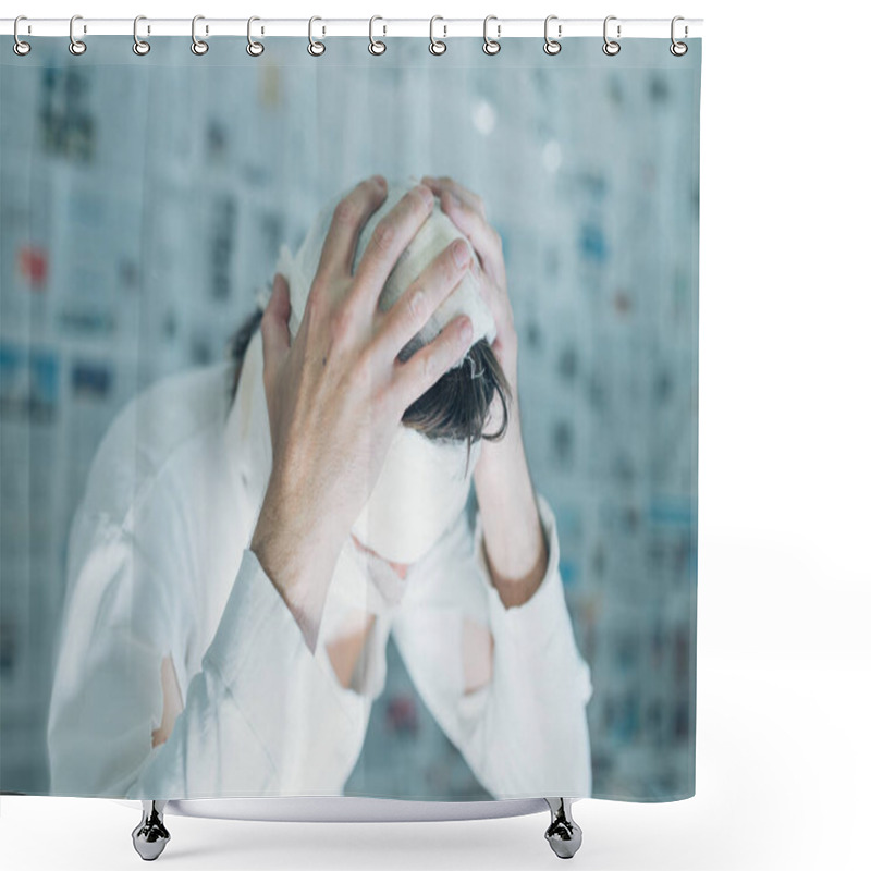 Personality  Victim Of Tabloid Journalism And Fake News Infodemic, Conceptual Image Of Man Wrapped In Bandages Surrounded By Walls Covered With Daily Newspaper Pages Shower Curtains