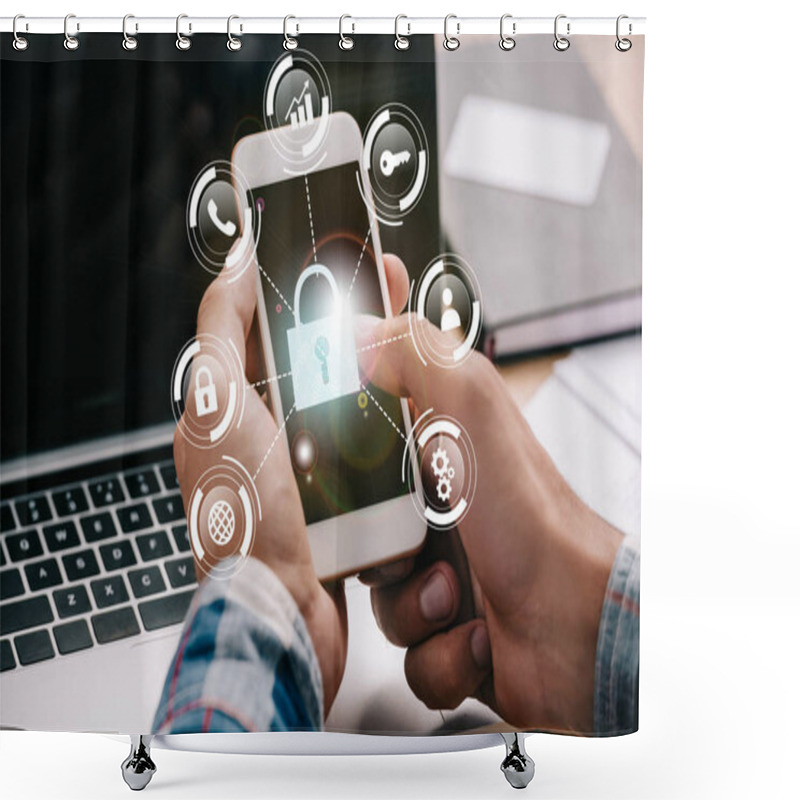 Personality  Cropped Shot Of Businessman Using Smartphone With Cyber Security Signs At Workplace With Laptop Shower Curtains