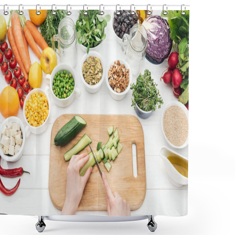 Personality  Cropped View Of Woman Chopping Cucumber On Wooden White Table Shower Curtains