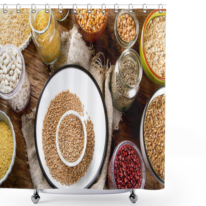 Personality  Ancient Grains, Seeds, Beans On Wooden Background. Top View Shower Curtains