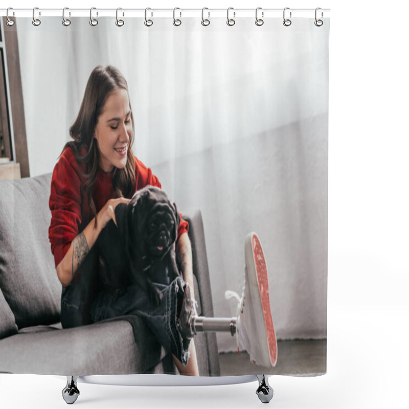 Personality  Smiling Woman With Prosthetic Leg Playing With Pug On Sofa Shower Curtains