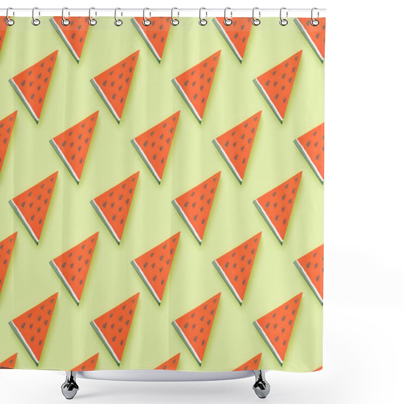 Personality  Top View Of Pattern With Handmade Red Paper Watermelon Slices Isolated On Green Shower Curtains