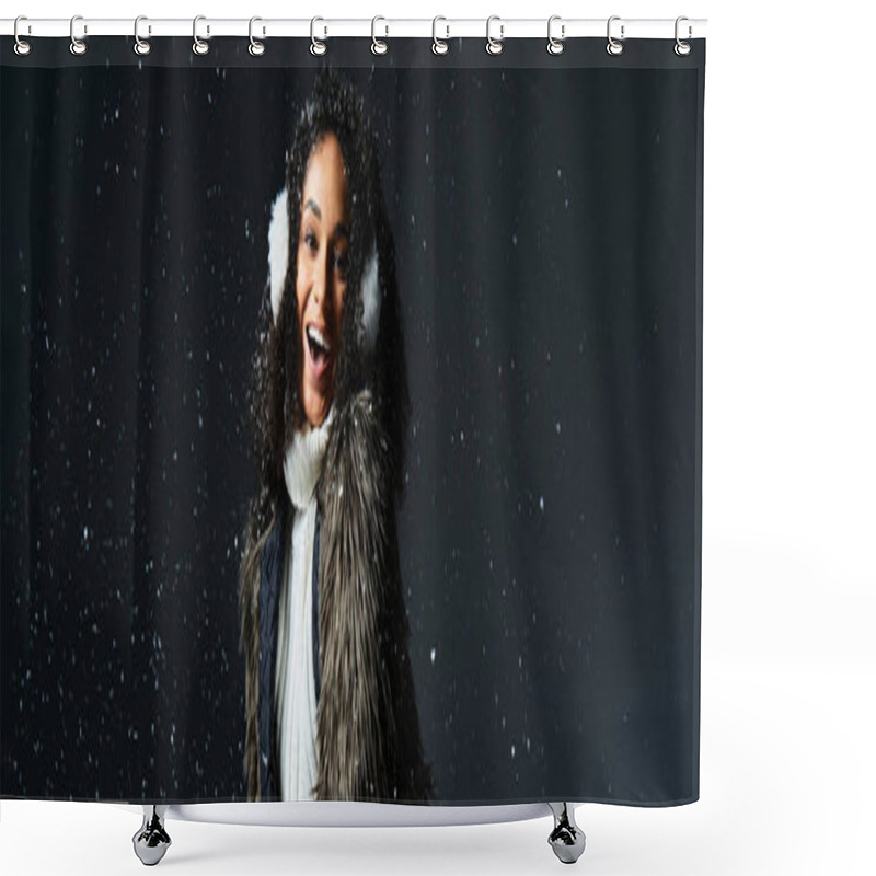 Personality  This Beautiful Brunette Woman Brightens The Studio With Her Winter Fashion Look, Exuding Joy And Warmth. Shower Curtains