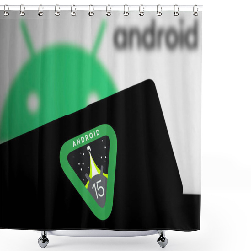 Personality  Dhaka, Bangladesh- 02 Apr 2024: Android 15 Logo Is Displayed On Smartphone. Shower Curtains