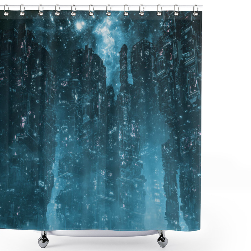 Personality  Cyberpunk Metropolis Night / 3D Illustration Of Dark Futuristic Science Fiction City Under Night Sky Shower Curtains