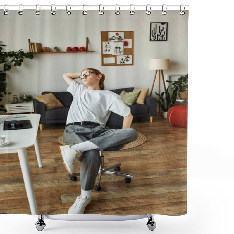 Personality  A Young Man Lounges Casually In A Warm, Inviting Space, Embodying Relaxation And Comfort. Shower Curtains