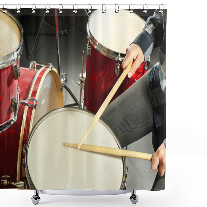 Personality  Drummer Playing The Drums Closeup Shower Curtains