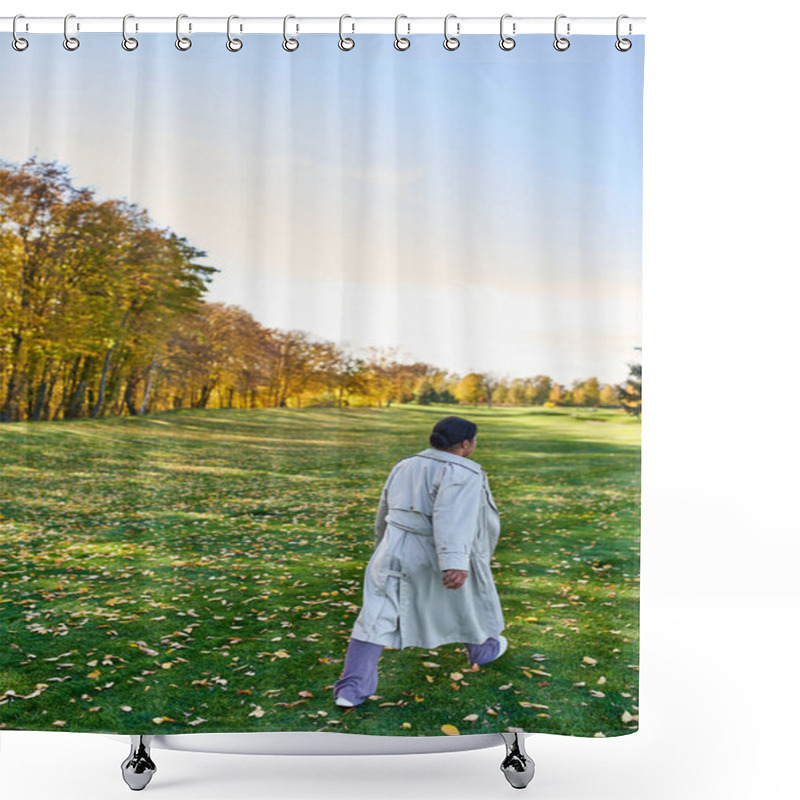 Personality  Back View Of African American Woman In Trench Coat Walking On Grass With Golden Leaves, Autumn Park Shower Curtains