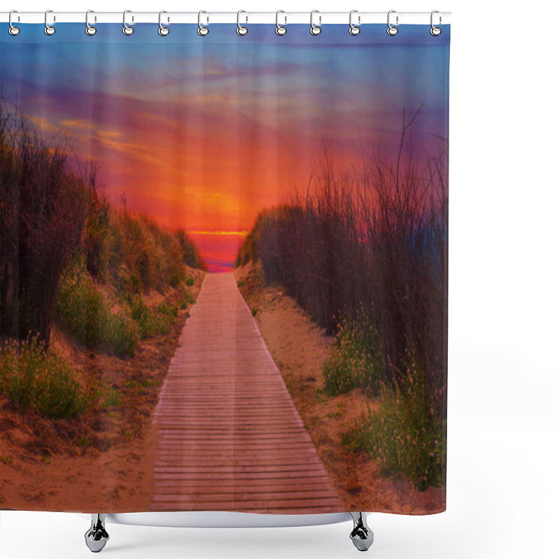 Personality  Wooden Path To The Beach Between The Sand Dunes At Sutset Shower Curtains