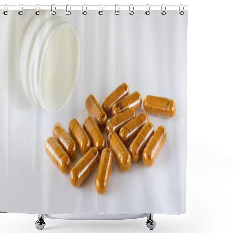 Personality  Vitamin Curcumin, Turmeric In Capsules On A White Background Next To The Lying Jar Of Supplements. Pills And Medications. Shower Curtains