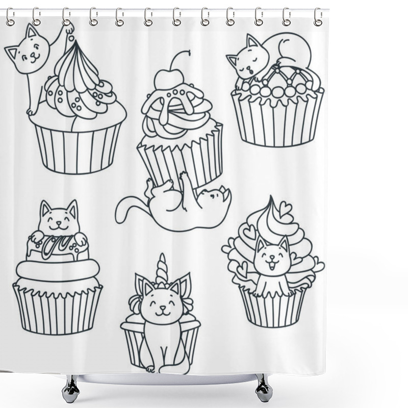 Personality  Set Of Kittens And Cupcakes. Back And White Doodle Illustration Of A Cute Little Kittens With Cupcakes Isolated On White. Vector 8 EPS. Shower Curtains