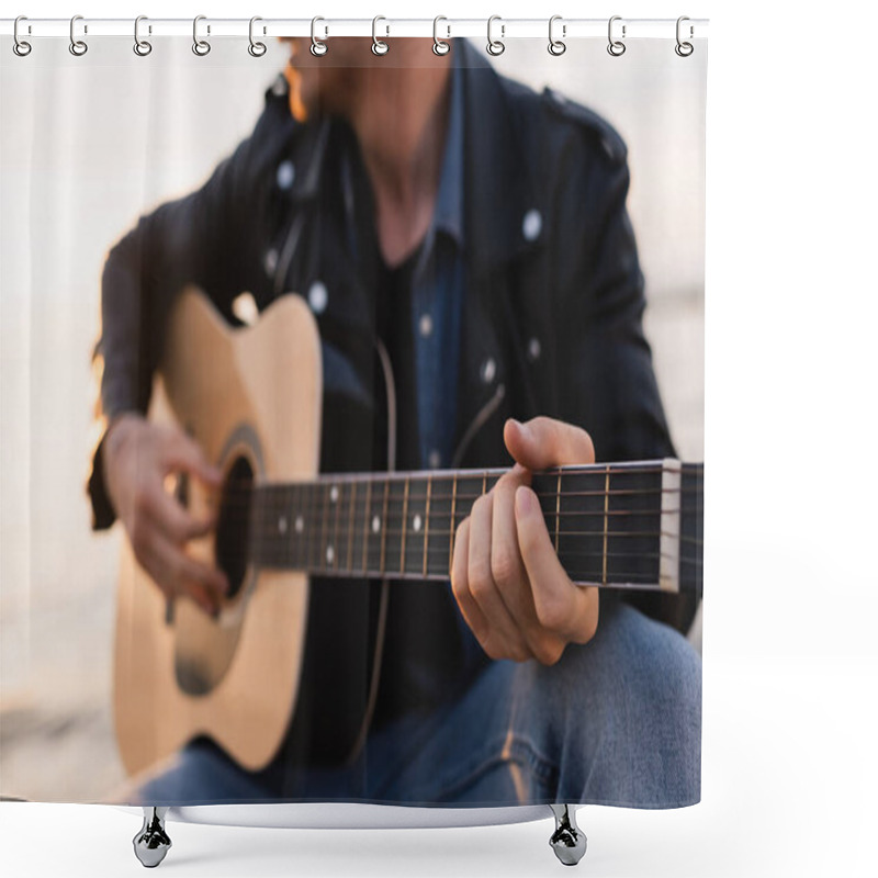 Personality  Cropped View Of Young Man Playing Acoustic Guitar Outdoors  Shower Curtains