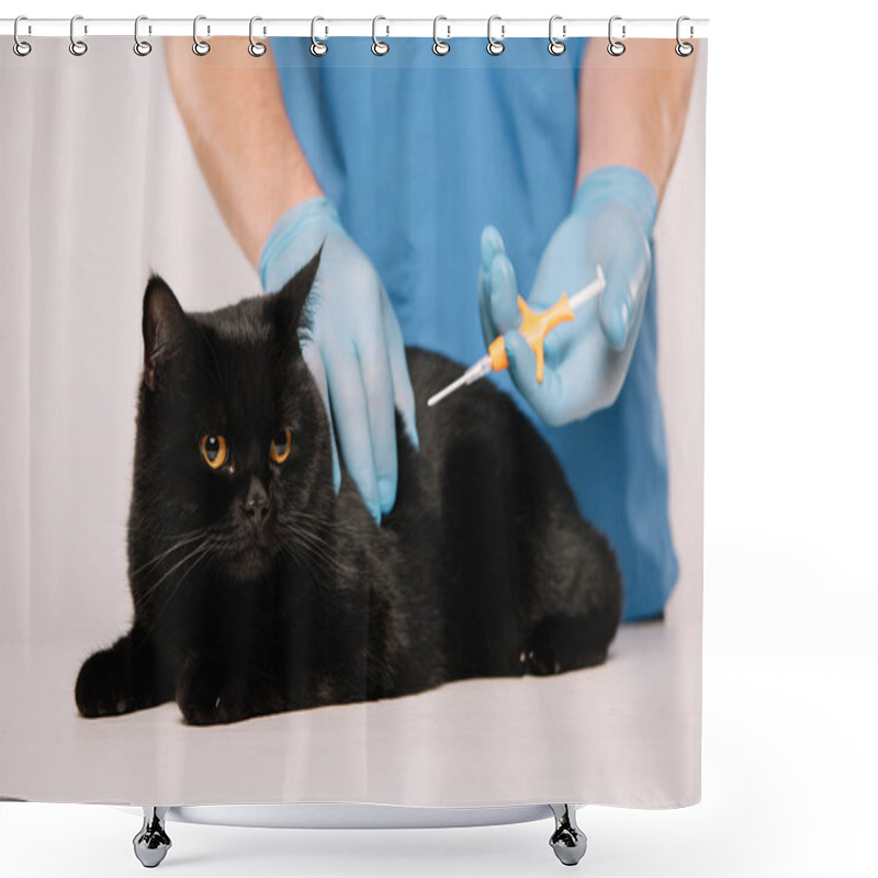 Personality  Cropped View Of Veterinarian Making Microchipping Procedure To Black Cat  Isolated On Grey Shower Curtains