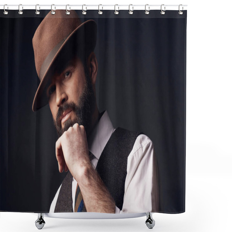 Personality  Studio Portrait Of Handsome Man With Dark Hair And Mustache Holding Beard In His Hand, Wearing White Shirt, Brown Vest, Colorful Tie, Brown Hat. Old Fashioned Style, Gentleman. Shower Curtains