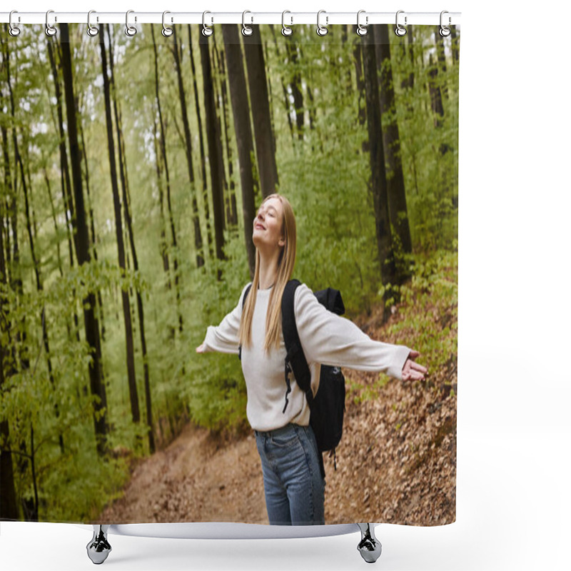 Personality  Smiling Relaxed Blonde Woman Hiker Wearing Sweater And Backpack With Arms  Open In Forest Scenery Shower Curtains