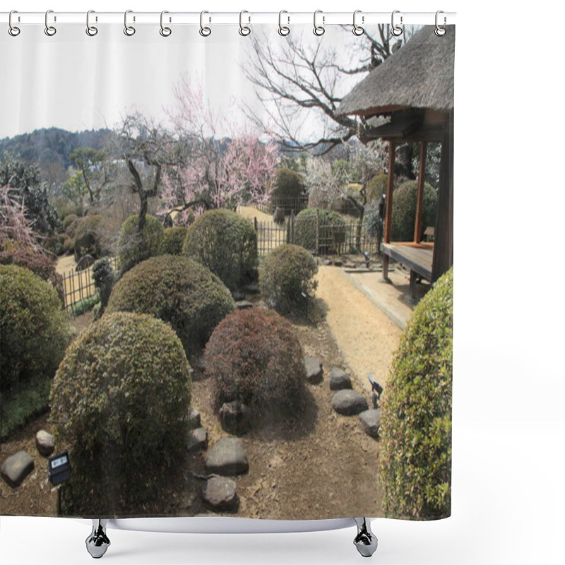 Personality  Plum Blossoms And Kobuntei In Kairaku En, Mito, Japan Shower Curtains