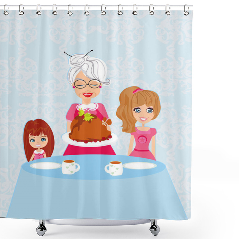 Personality  Grandma Bringing Thanksgiving Turkey To The Dinner Table Shower Curtains