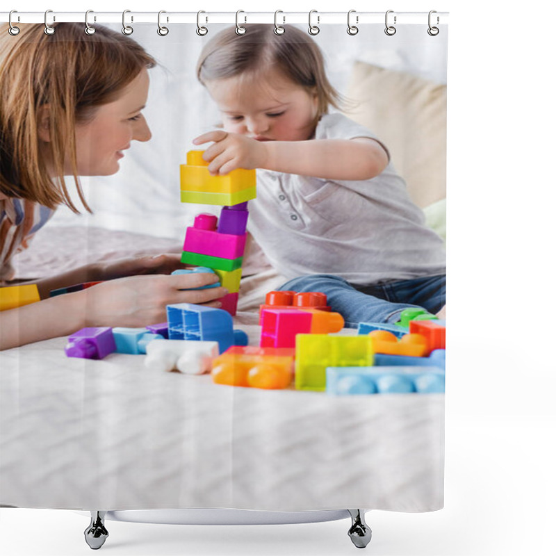 Personality  Happy Woman Looking At Toddler Child Playing Building Blocks On Bed  Shower Curtains