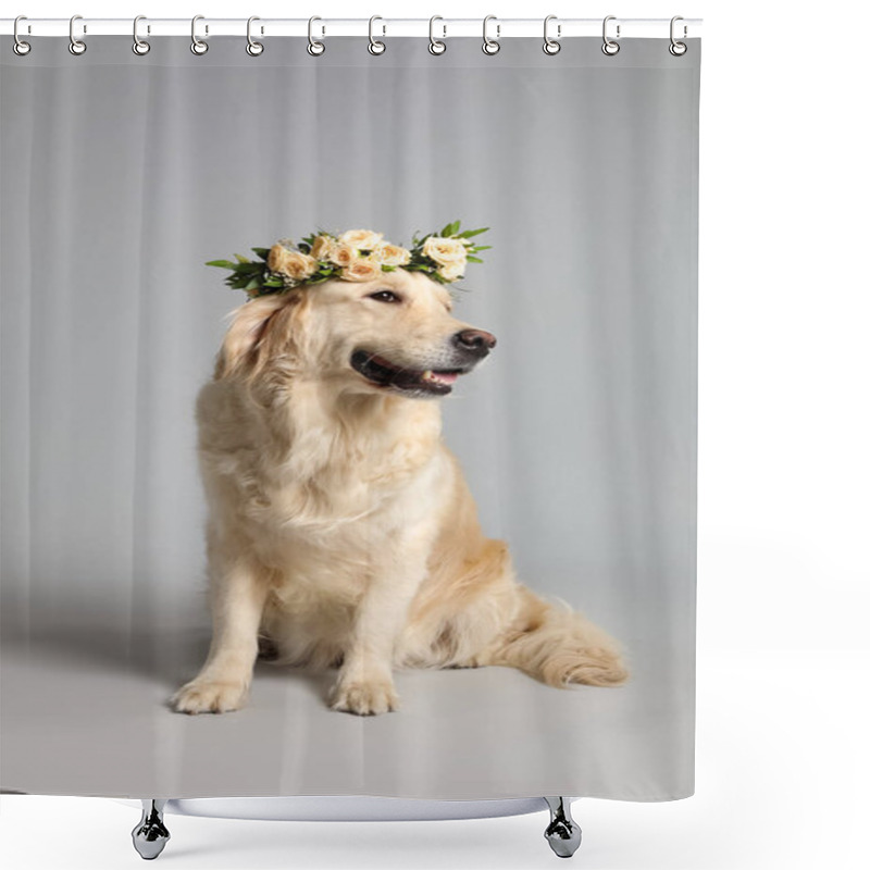 Personality  Adorable Golden Retriever Wearing Wreath Made Of Beautiful Flowers On Grey Background Shower Curtains