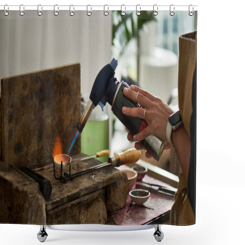 Personality  A Talented Craftsman Shapes Metal With A Torch, Showcasing Artistry And Craftsmanship In The Studio. Shower Curtains