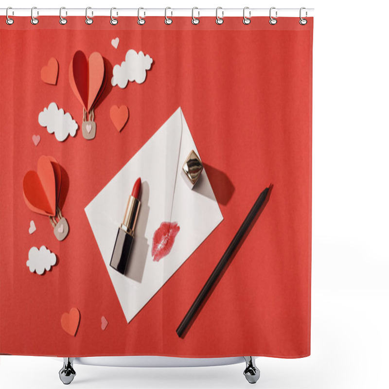 Personality  Top View Of Paper Clouds And Heart Shaped Air Balloons, Envelope With Lip Print, Lipstick And Pencil On Red Background Shower Curtains