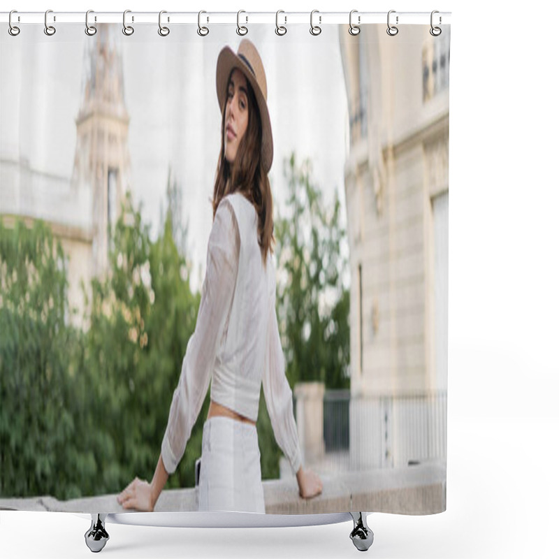 Personality  Trendy Woman In Sun Hat Looking At Camera With Eiffel Tower At Background In France, Banner  Shower Curtains