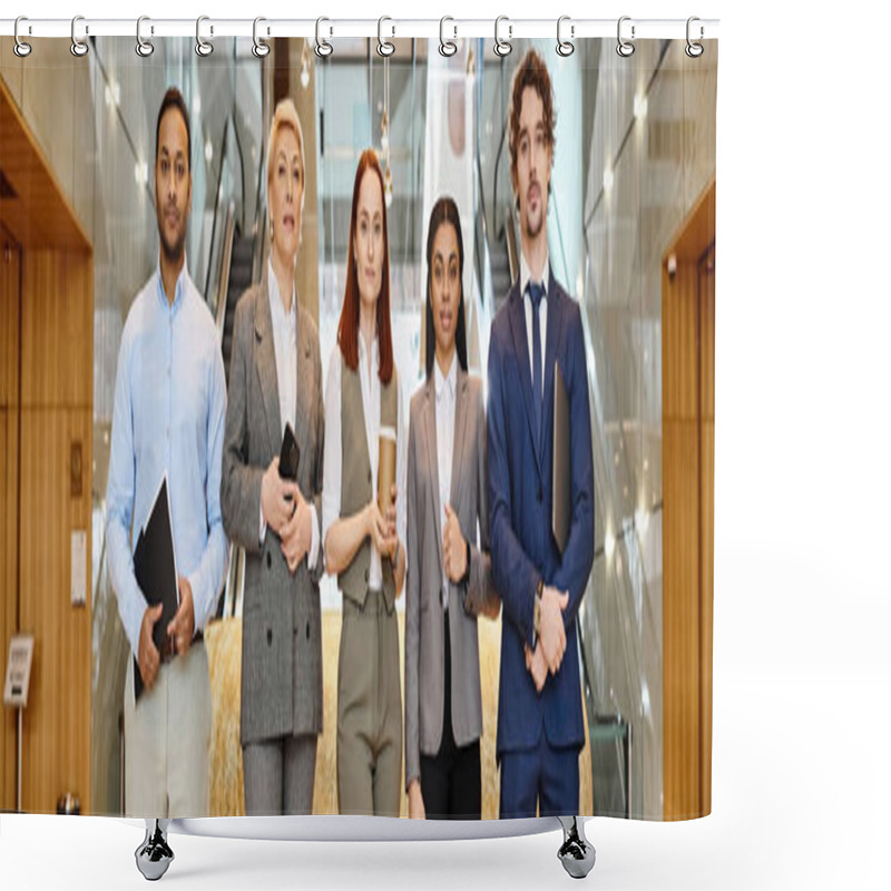 Personality  Diverse Group Of Business Professionals Standing Together In Front Of Elevator. Shower Curtains