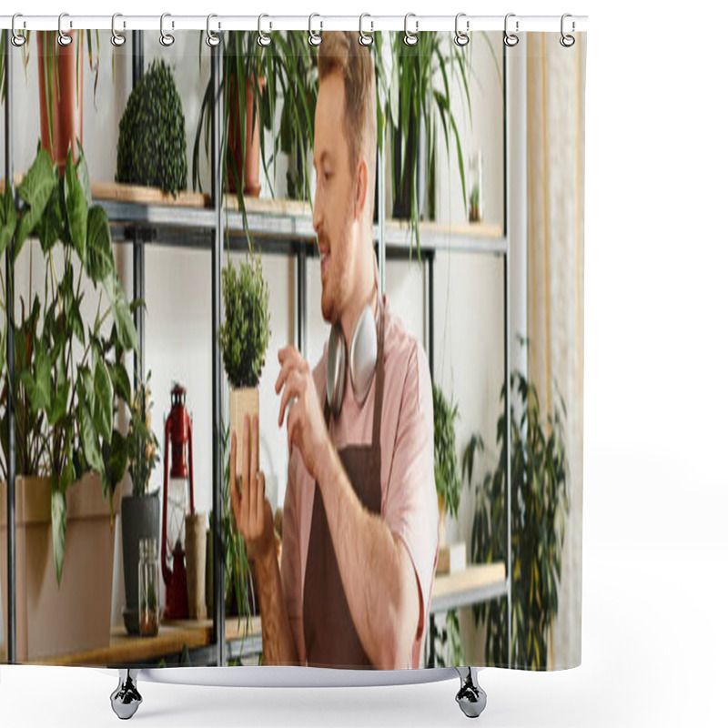 Personality  A Man Stands In Front Of A Shelf Full Of Potted Plants In A Botanical Wonderland. Shower Curtains