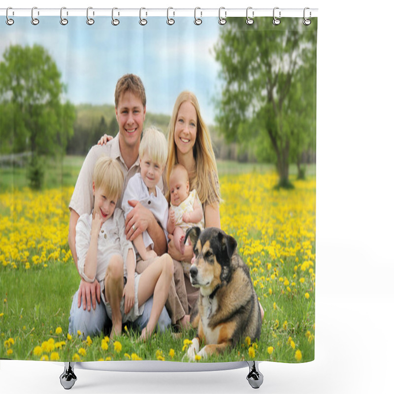 Personality  Happy Family And Pet Dog In Flower Meadow  Shower Curtains