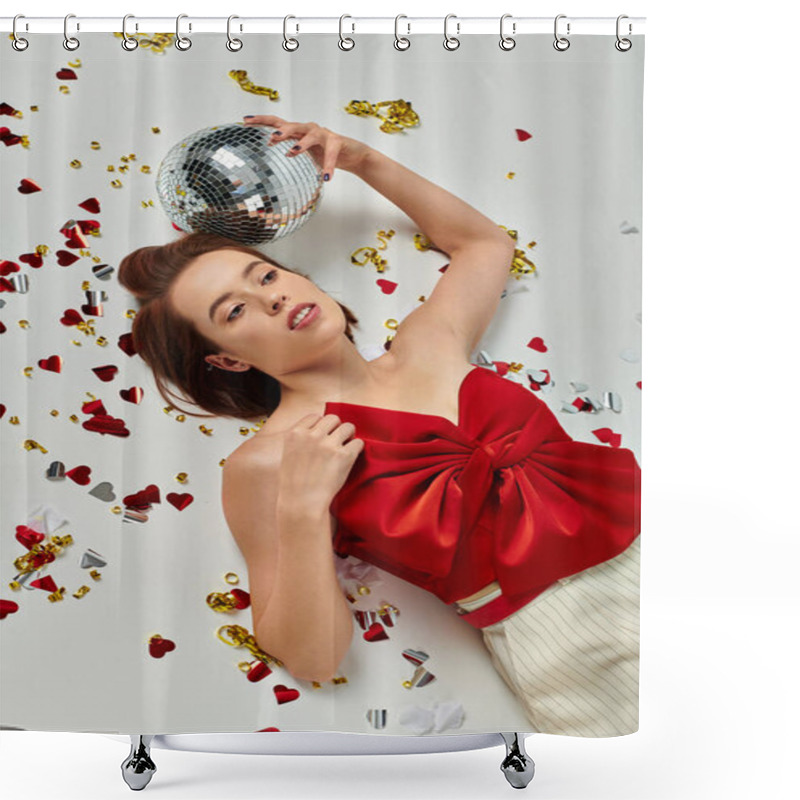 Personality  New Year Party, Young Brunette Woman With Disco Ball Lying On Floor Near Confetti On Grey Backdrop Shower Curtains