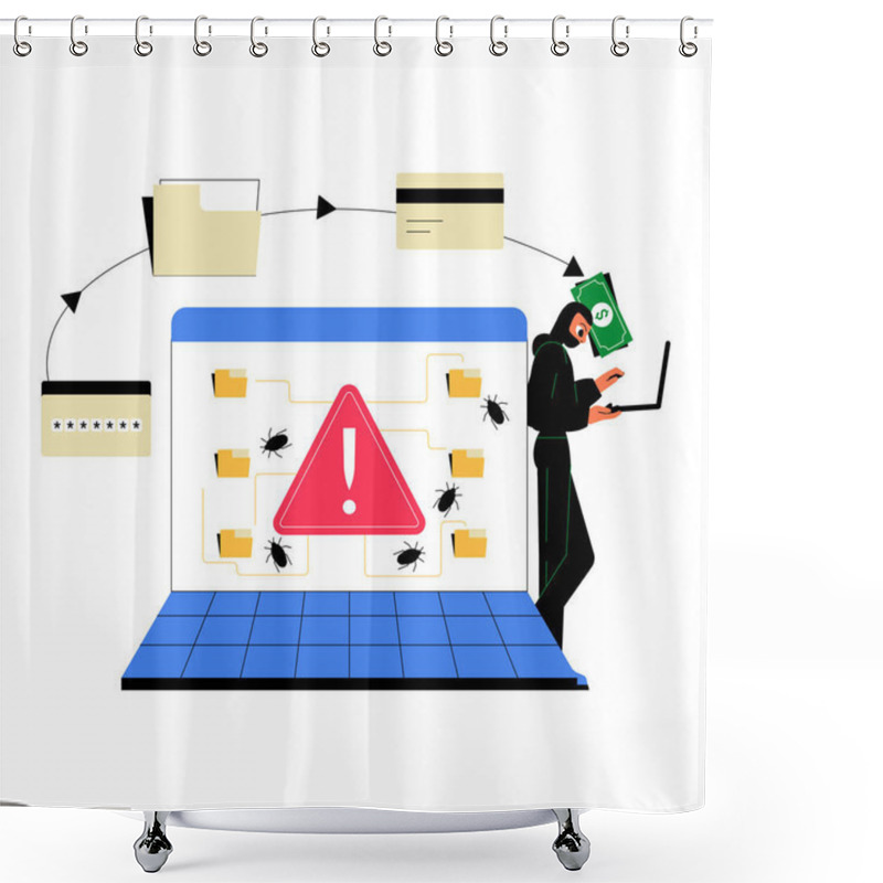 Personality  A Hacker Wearing A Mask Using A Laptop Next To A Screen Showing An Alert Icon With Bugs, Highlighting Cybersecurity Risks, Data Theft, And Online Breaches. Shower Curtains