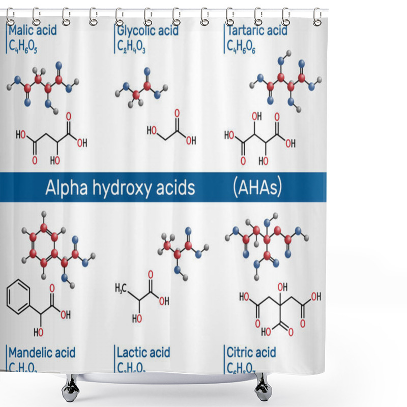 Personality  Alpha Hydroxy Acids, AHA. Glycolic C2H4O3, Lactic C3H6O3, Malic C4H6O5, Tartaric C4H6O6, Citric C6H8O7, Mandelic Acid C8H8O3 Molecule. Structural Chemical Formula, Molecule Model. Vector Illustration Shower Curtains