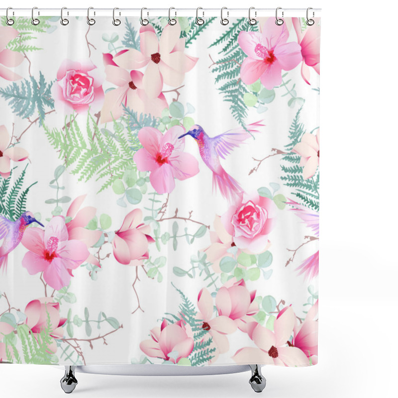 Personality  Exotic Flowers With Hummingbirds Seamless Vector Print Shower Curtains