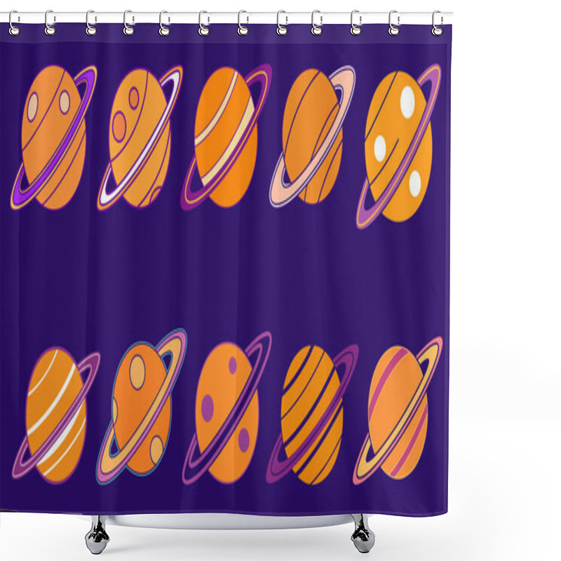 Personality  Cute Cartoon Planets With Rings On A Dark Background Shower Curtains