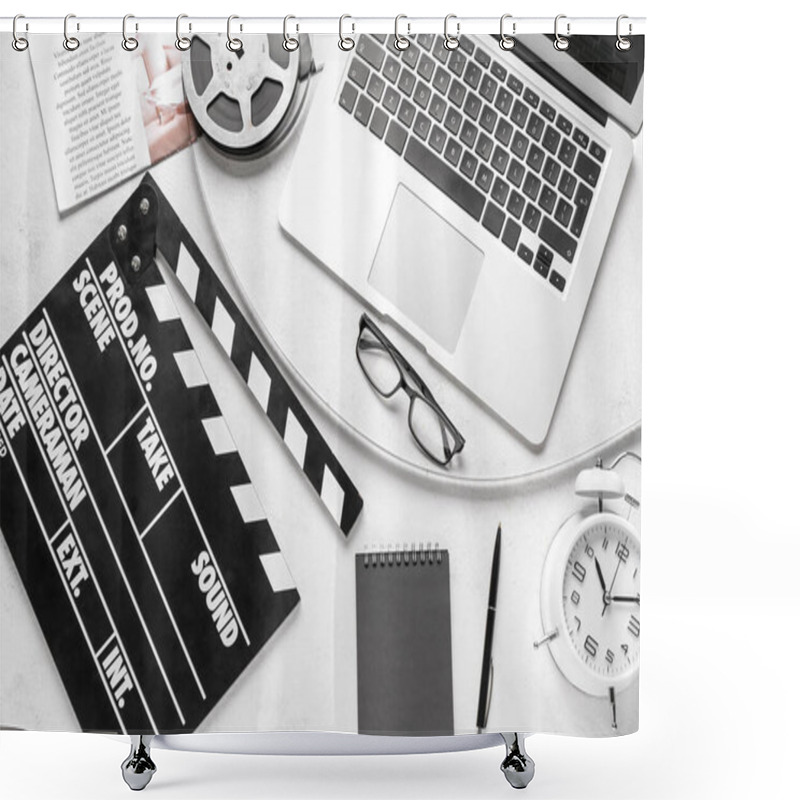 Personality  Movie Clapper With Film Reel, Eyeglasses And Laptop On White Background Shower Curtains