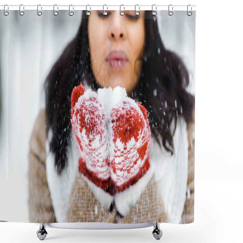 Personality  Cropped View Of Beautiful African American Woman Blowing Snow In Winter Forest And Looking At Snow Shower Curtains