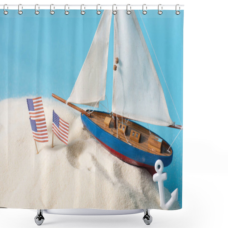 Personality  American National Flags In White Sand Near Miniature Ship And Anchor Isolated On Blue Shower Curtains