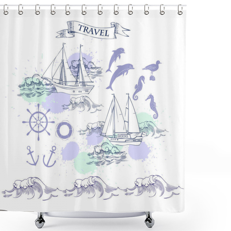 Personality  Background With Ships And Waves Shower Curtains