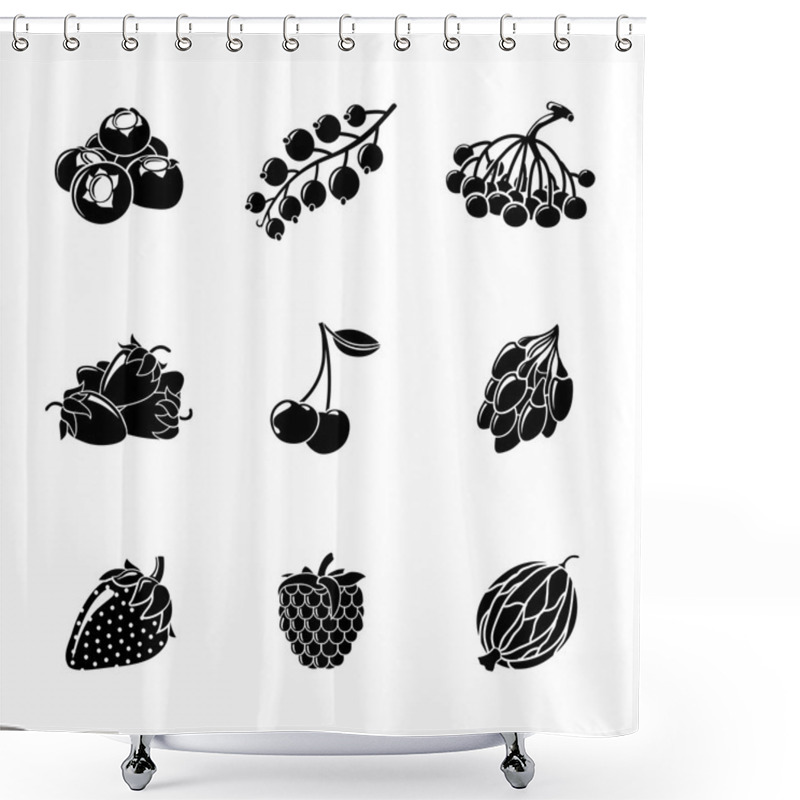 Personality  Set Of Monochrome BERRIES Icons - Cherry, Strawberry, Raspberry, Currant, Blueberry, Gooseberry, Rowan, Goji. Vector Shower Curtains