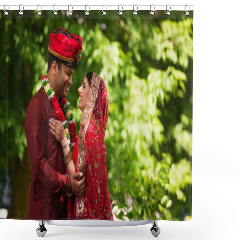 Personality  Happy Indian Man In Turban Hugging Joyful Bride With Mehndi In Sari And Headscarf  Shower Curtains