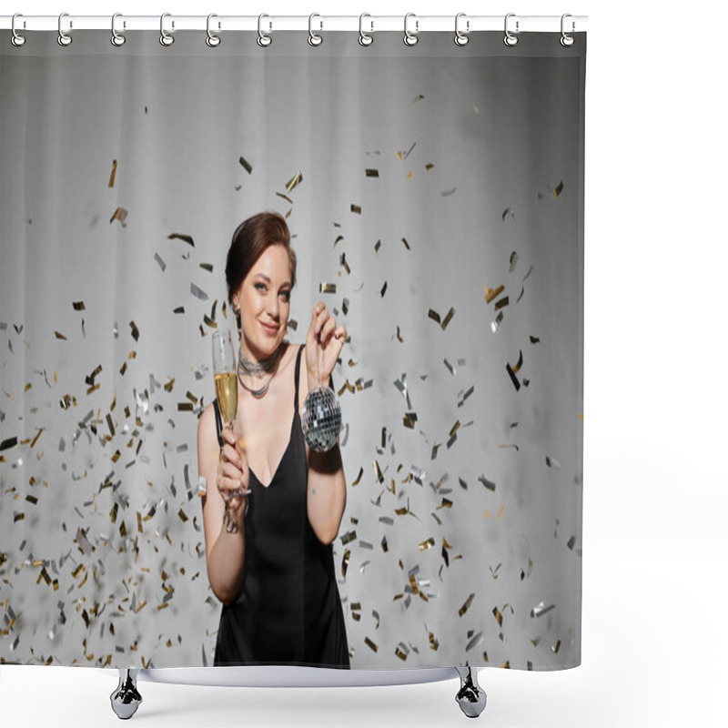 Personality  The Young Woman Raises A Glass Of Champagne, Smiling Amid A Flurry Of Sparkling Confetti. Shower Curtains