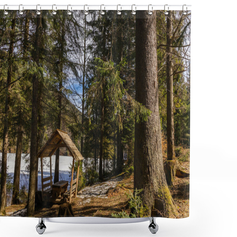 Personality  Wooden Alcove Near Spruce Trees And Lake In Spring  Shower Curtains